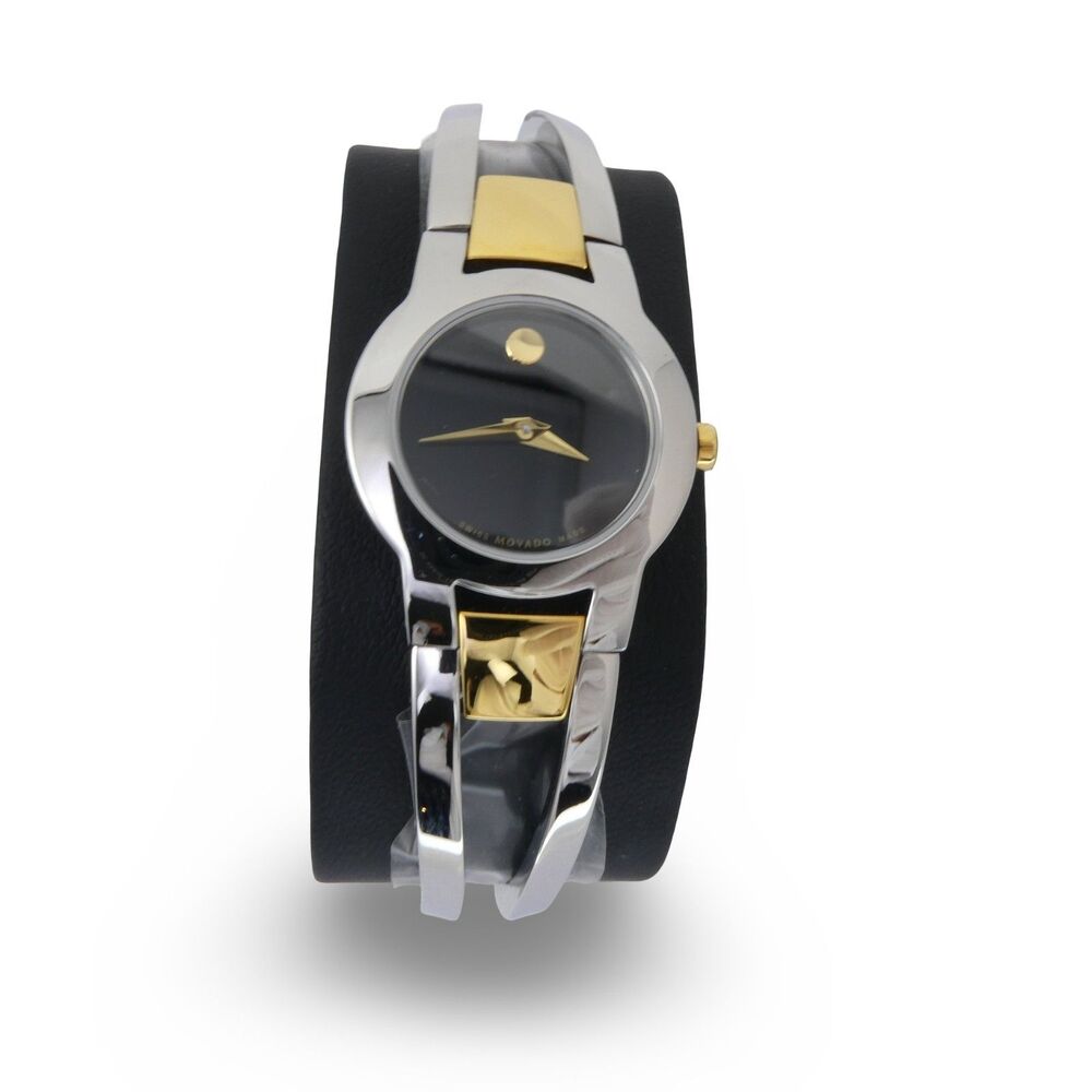 Movado Amorosa 0606893 Black Dial Two Tone Swiss Steel Ladies Wristwatch NEW
